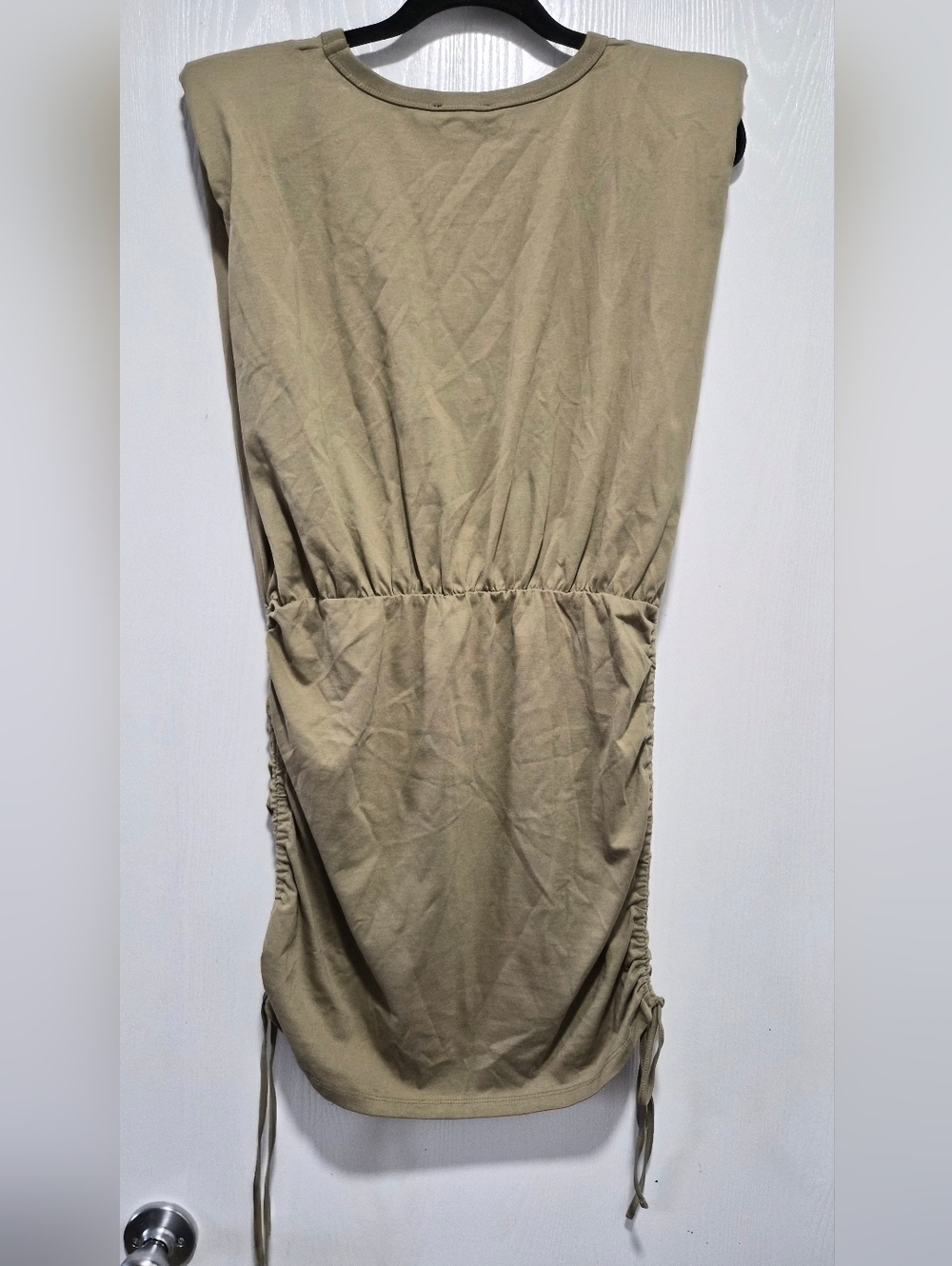 Nwt Bardot Toni Olive Green Shoulder Pad Mini Dress Ruched Sides Size M - Picture 6 of 8